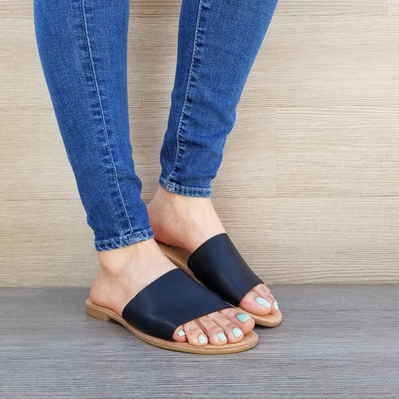 faux Leather Slip on Slider Black Flat Sandals-D - Picture 4 of 8